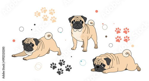 Adorable pug dogs displayed in various playful poses featuring standing, stretching, and lying down against a backdrop with paw prints.