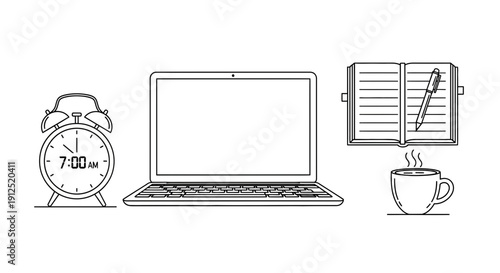 Morning Routine: Alarm Clock, Laptop, Notebook, Coffee - Work From Home Concept