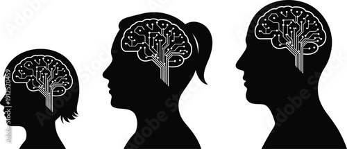 Human head silhouettes with digital brain circuit design, black vector illustration of artificial intelligence and neural network concept isolated on white background