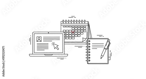 Online appointment booking and planning with laptop, calendar and notepad
