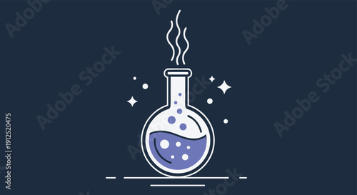 Laboratory glass flask filled with bubbling purple liquid emitting steam, surrounded by magical stars on a dark navy blue background.