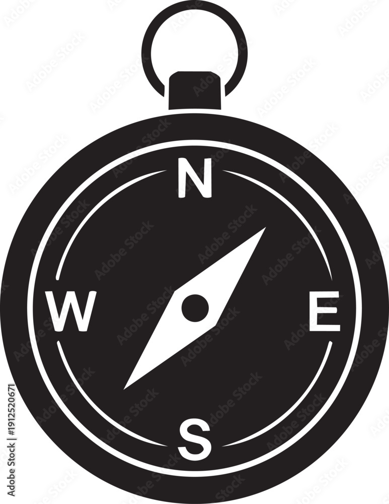Fototapeta premium Black silhouette compass vector, circular design with needle showing cardinal point