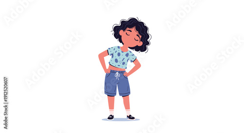 Young girl with curly hair performing physical exercises by rotating her waist, promoting healthy habits and active lifestyle simply.