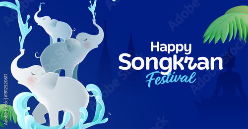 Songkran Festival Event Banner with Thai Elephant Water Splash Scene and Thai New Year Celebration Illustration