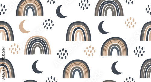 Bohemian style seamless pattern background featuring minimalist rainbows, crescent moons, and dot clusters in a muted earthy color palette.