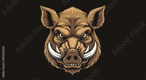 Digital illustration of a warthog's head with large tusks on a black background, many people might find this animal fascinating.