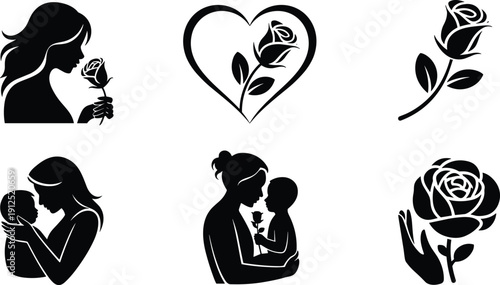 Mother and child with rose black silhouette icons set, love heart flower family care vector illustration collection isolated on white