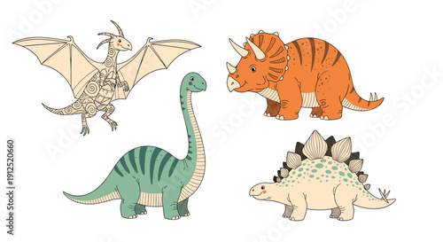 Diverse collection of prehistoric dinosaur species including a pterodactyl, triceratops, brachiosaurus, and stegosaurus for kids education.