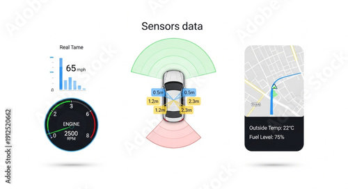 Autonomous vehicle sensors data and navigation display.