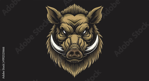A warthog's head with large tusks and a fierce expression on a black and white background.