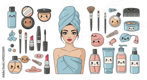 Woman with a towel turban surrounded by an extensive collection of kawaii cosmetic products including makeup brushes, lipstick, and perfume.