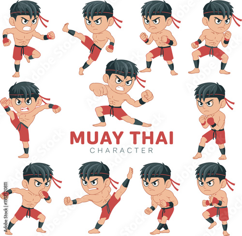 Muay Thai cartoon fighter character set vector illustration with various kick and punch poses isolated on white