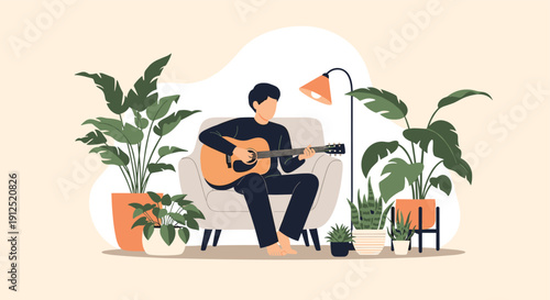 Man sits comfortably in an armchair playing an acoustic guitar in a cozy room filled with potted houseplants and a modern floor lamp.