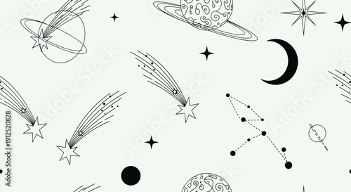 Seamless pattern background of space elements containing sketchy planets, flying comets, twinkling stars, and a crescent moon on mint.