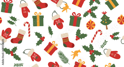 Festive Christmas pattern featuring colorful gift boxes, cozy mittens, candy canes, and holly leaves on a clean white background.