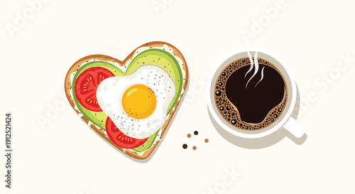 Heart-shaped avocado toast with a fried egg and tomatoes served alongside a hot cup of black coffee for breakfast.