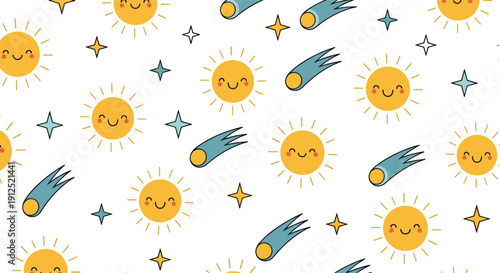 Playful pattern of smiling suns, shooting comets, and twinkling stars on a clean white background for kids wallpaper.