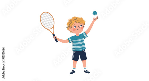 Young boy in a striped shirt and shorts happily tossing a tennis ball into the air while holding a tennis racket.
