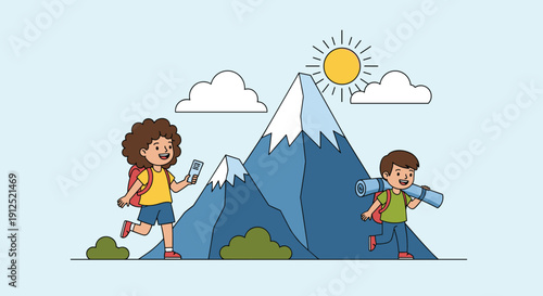 Two happy children with backpacks and camping gear enjoying a hiking adventure in the snow-capped mountains on a sunny day.