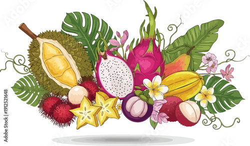Exotic Fruits Arrangement with Leaves and Flowers.