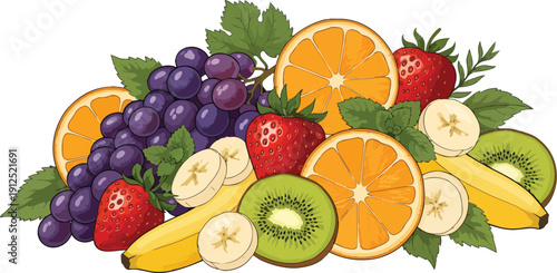 Colorful Assortment of Fresh Fruits and Leaves.