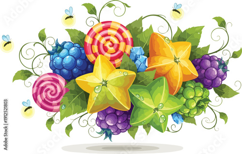 Colorful Candy and Fruits Illustration.