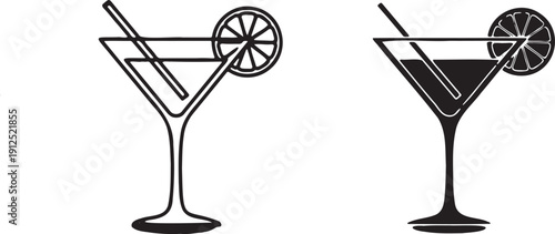 Vector illustration of two martini glasses, one outline and one filled with black, each garnished with a citrus slice and straw, isolated on transparent background.