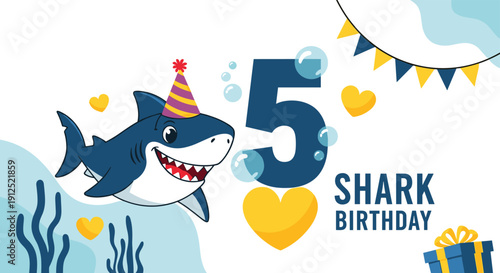 Fun shark themed birthday invitation featuring a cute shark in a party hat for a fifth birthday celebration with hearts.