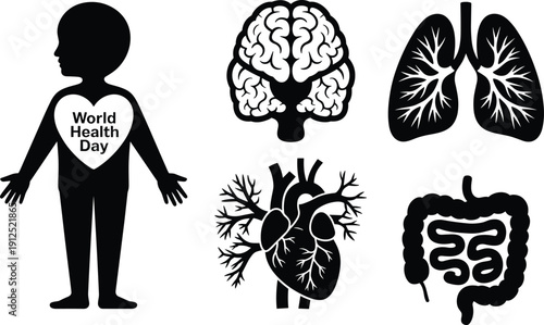 World Health Day Human Body and Organ Silhouette Icons, Brain Heart Lungs Digestive System Anatomy, Black Medical Vector Illustration Set
