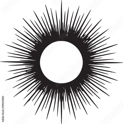 Black vector sunburst with sharp, irregular rays emanating from a central white circle, isolated on transparent background for graphic design.