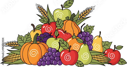 Colorful Harvest Fruits and Vegetables Illustration.