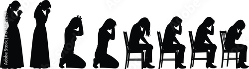 Depressed woman silhouette set, sad female sitting kneeling praying isolated black figures emotional stress concept on white background