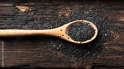 Close-up of black chia seeds in a wooden spoon on a rustic wooden table, showcasing healthy superfood ingredients.