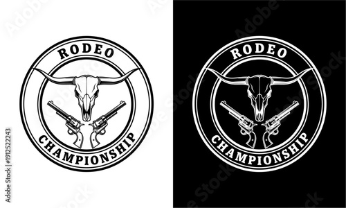 Rodeo Championship Emblem with Bull Skull and Revolvers.