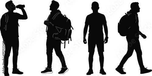 Travel people silhouettes set, backpacker walking standing drinking bottle poses, outdoor adventure lifestyle isolated black vector illustration collection realistic design