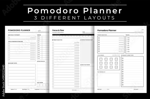 Pomodoro Daily Planner for Time Management, Focus and Flow Productivity Journal, Task Estimation Logbook, Study and Work Session Tracker, Vector Illustration, Printable