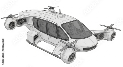 Futuristic flying car concept with advanced technology and sleek design.