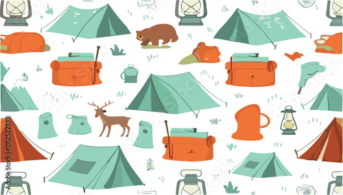 Seamless camping pattern vector illustration with tents backpacks wildlife and outdoor adventure elements on playful background