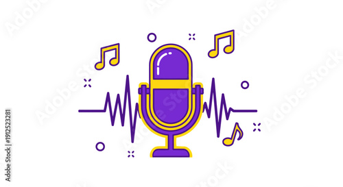 Retro Microphone Vector Icon with Sound Waves and Musical Notes, Minimalist Purple and Yellow Flat Design for Podcast and Audio Streaming
