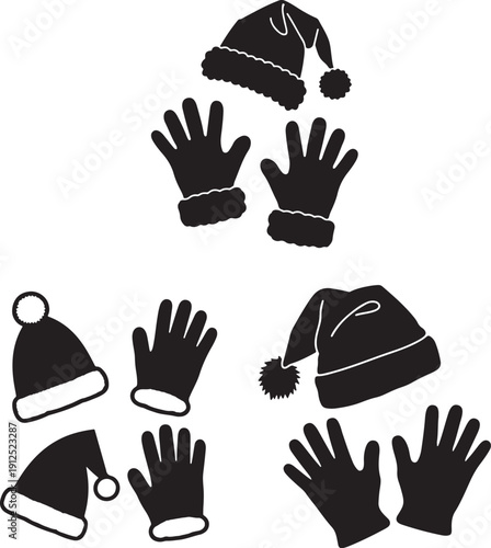 Black and white Christmas hats and mittens set