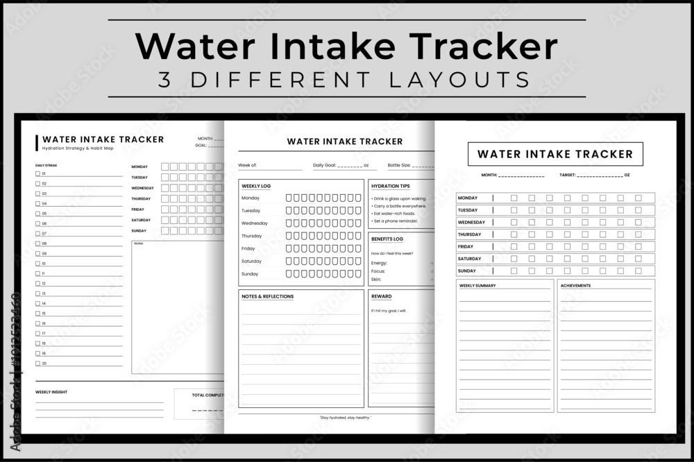 Obraz premium Daily Water Intake Tracker and Hydration Strategy Map, Weekly Wellness Habit Monitoring Journal,