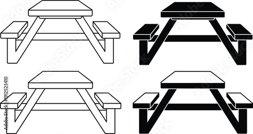 Vector silhouette and line art icons of wooden picnic tables and outdoor garden furniture set isolated on white background for camping