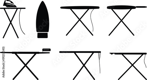 Vector silhouette icons of ironing boards and electric steam iron equipment set isolated on white background for household and laundry design