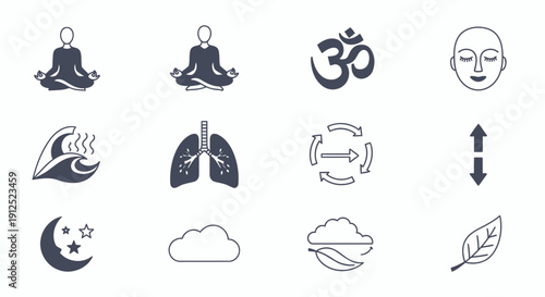 Comprehensive vector icon collection illustrating core concepts of mindfulness, yoga, and meditation for holistic well-being, featuring symbols of inner peace, nature, and balanced living practices