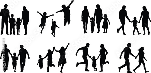 Vector silhouettes of diverse happy families, parents and children playing, walking, and jumping together, isolated on white background for lifestyle graphic design