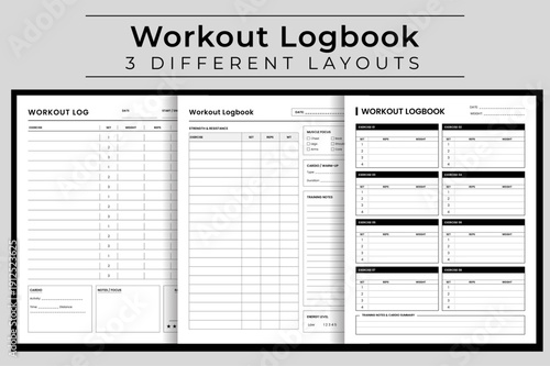 Workout Logbook for Strength and Resistance Training, Gym Exercise and Fitness Record Journal, Muscle Focus and Cardio Tracker, Vector Illustration