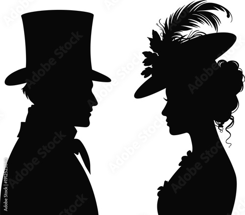 Victorian era couple profile silhouette with man in top hat and woman in feathered hat for regency period historical romance