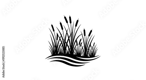 Black and white illustration of cattails and reeds growing in water, a simple graphic design.