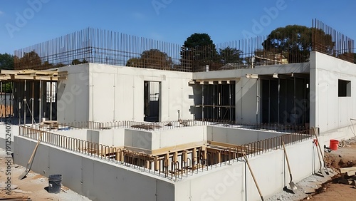 Foundation and Framework under a Clear Sky on a Modern House Build Site