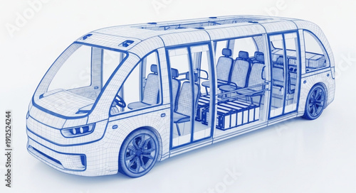 Blueprint sketch of a futuristic autonomous shuttle bus interior and exterior.